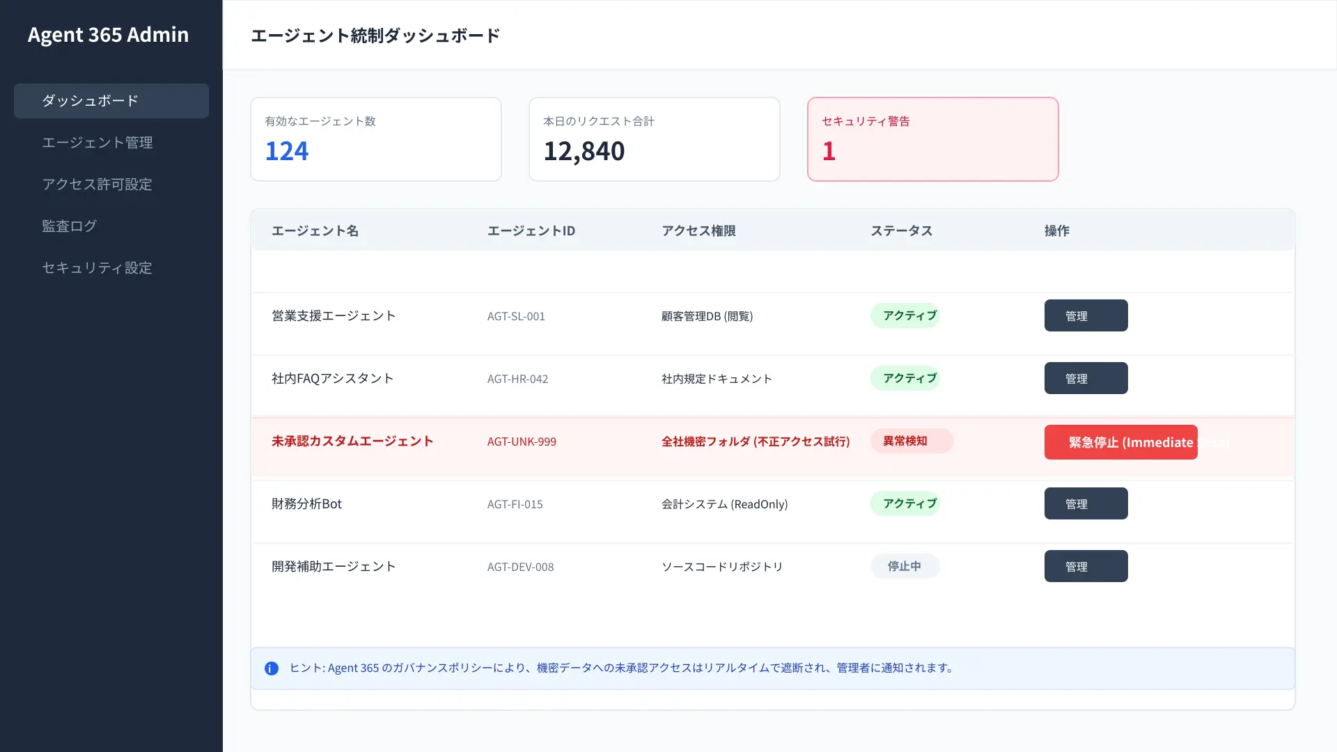 Administrative control dashboard of Agent 365 for supervising autonomous AI agents.