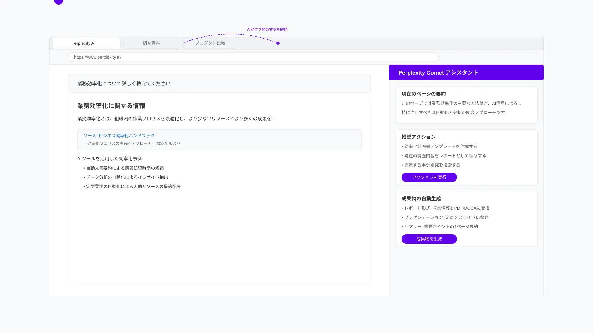 Perplexity Cometブラウザの操作画面。サイドパネルにAIエージェントが表示され、Web検索から情報収集、レポート生成までが一元化されたUI。