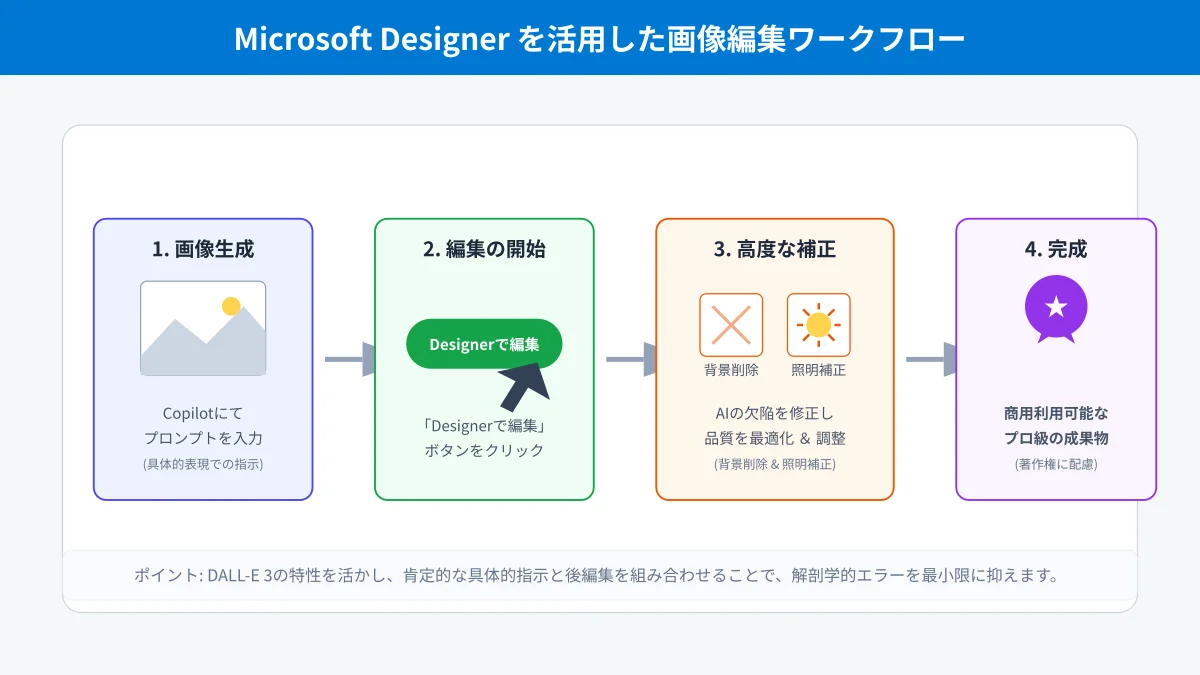 Microsoft Designerの後編集機能(背景ぼかし・オブジェクト消去・ライティング調整)活用手順