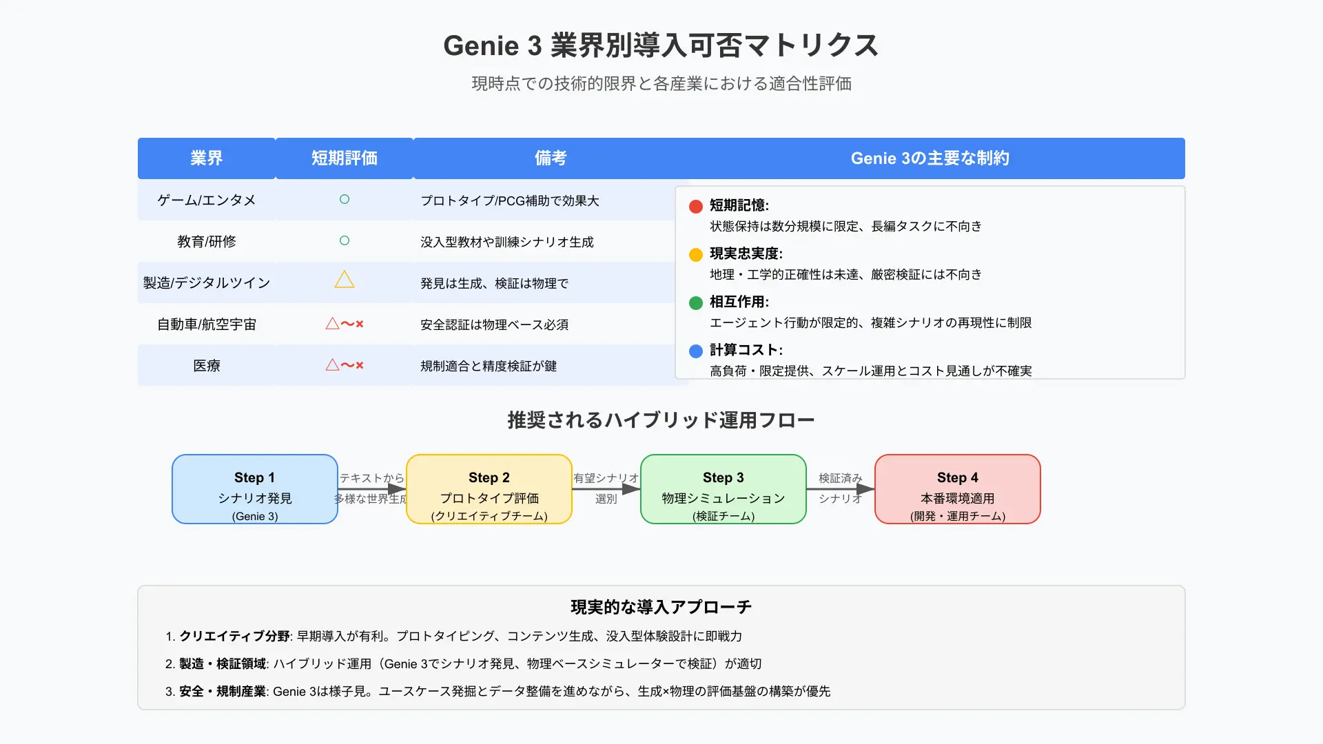 Genie 3の業界別導入可否マトリクス図（ゲーム・教育は○、製造・デジタルツインは△、自動車・航空宇宙・医療は△〜×）と、ハイブリッド運用の推奨フローを示す図