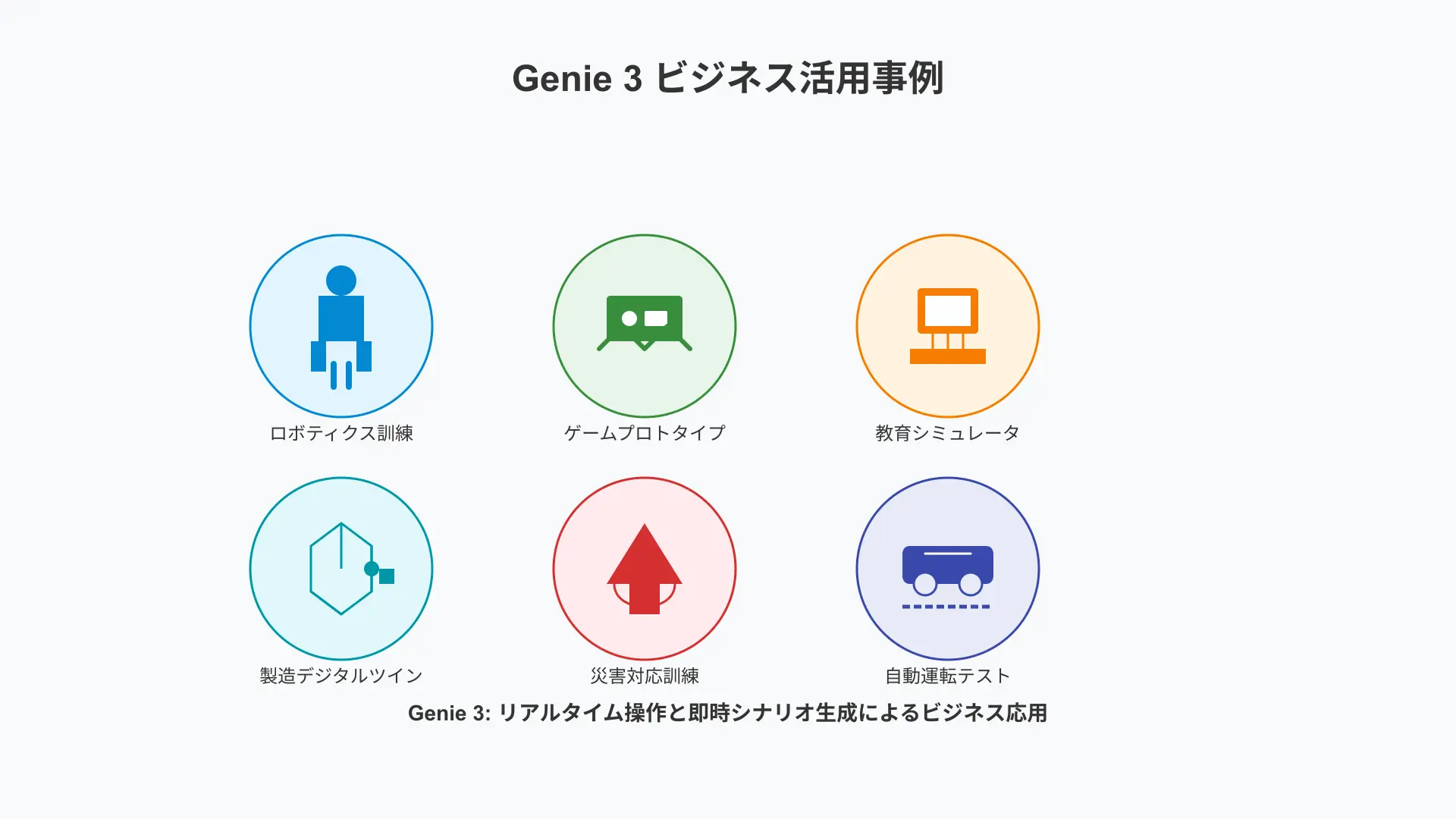 Genie 3のビジネス活用アイコン集：ロボティクス訓練、ゲームプロトタイプ、教育シミュレータ、製造デジタルツイン、災害対応、自動運転テストを表す6つのピクトと簡潔なラベルのグリッド。