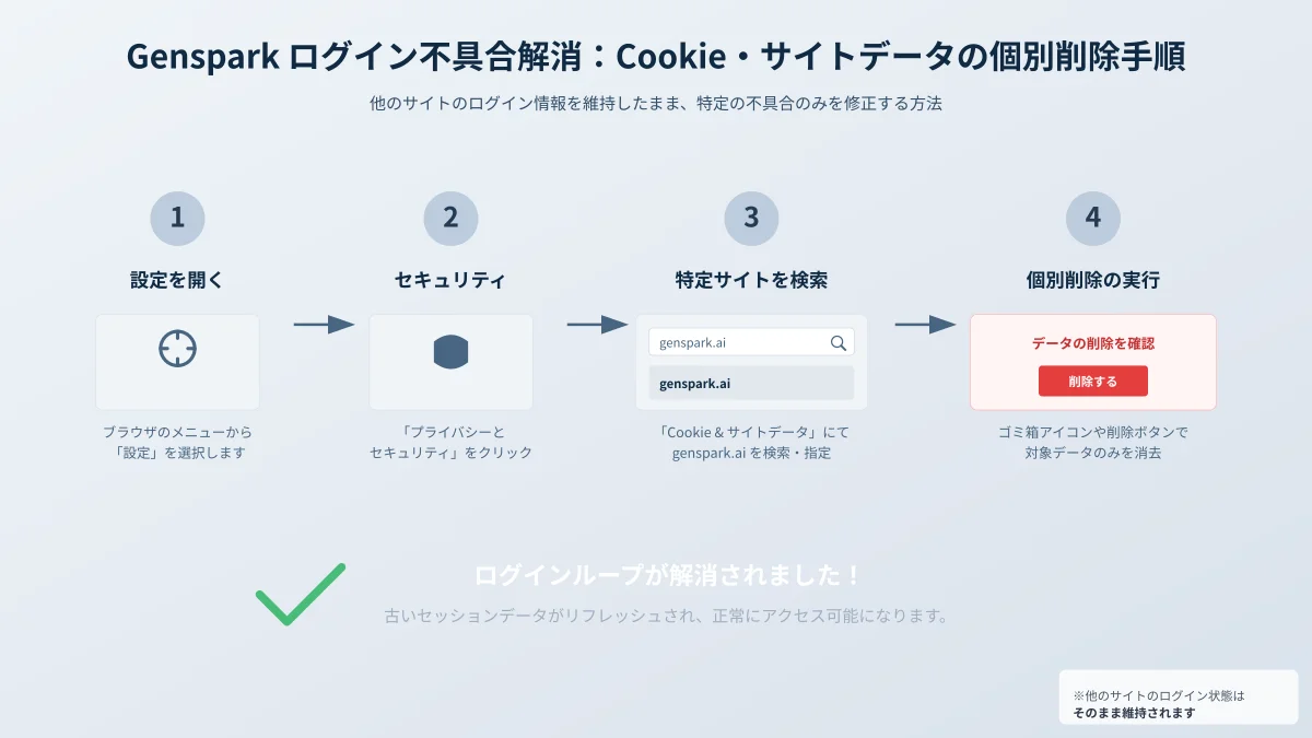 GensparkのCookieおよびサイトデータ個別削除手順