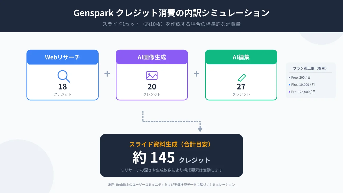 Genspark スライド作成時のクレジット消費内訳図