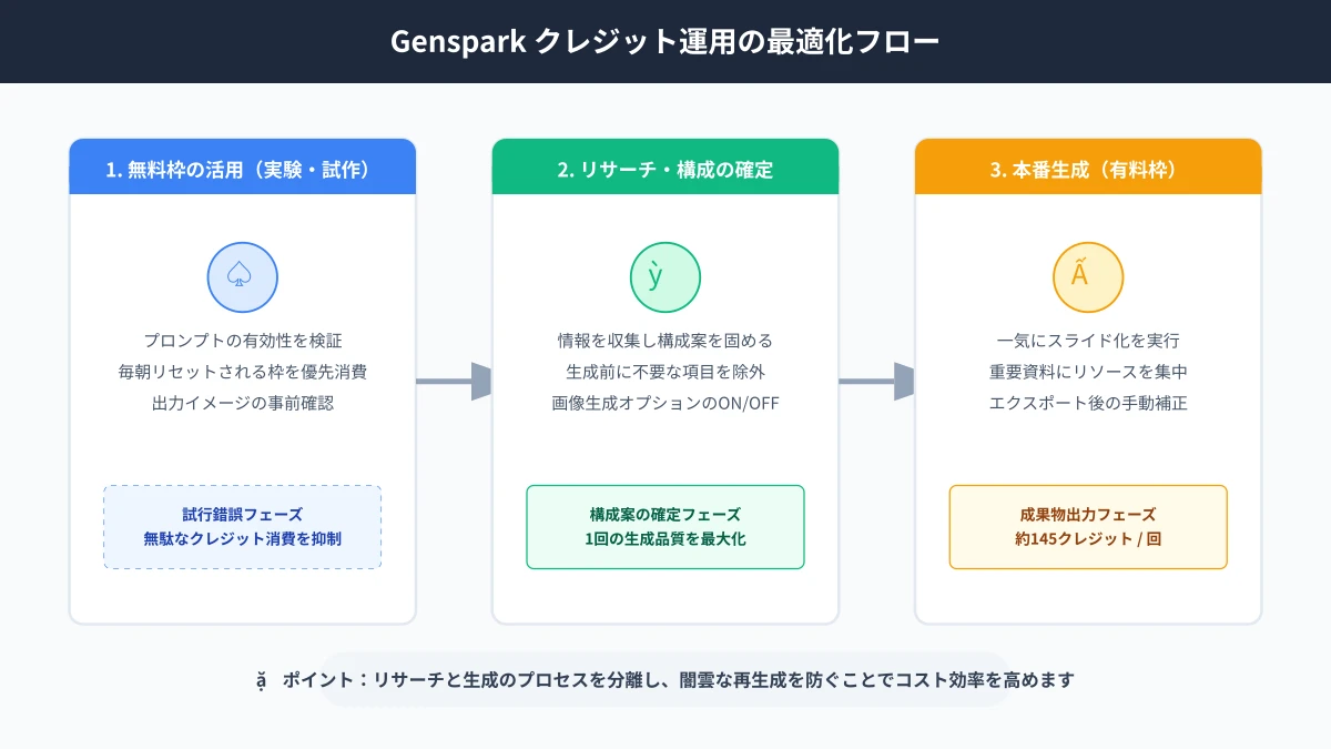 Genspark クレジット最適利用・節約ワークフロー図